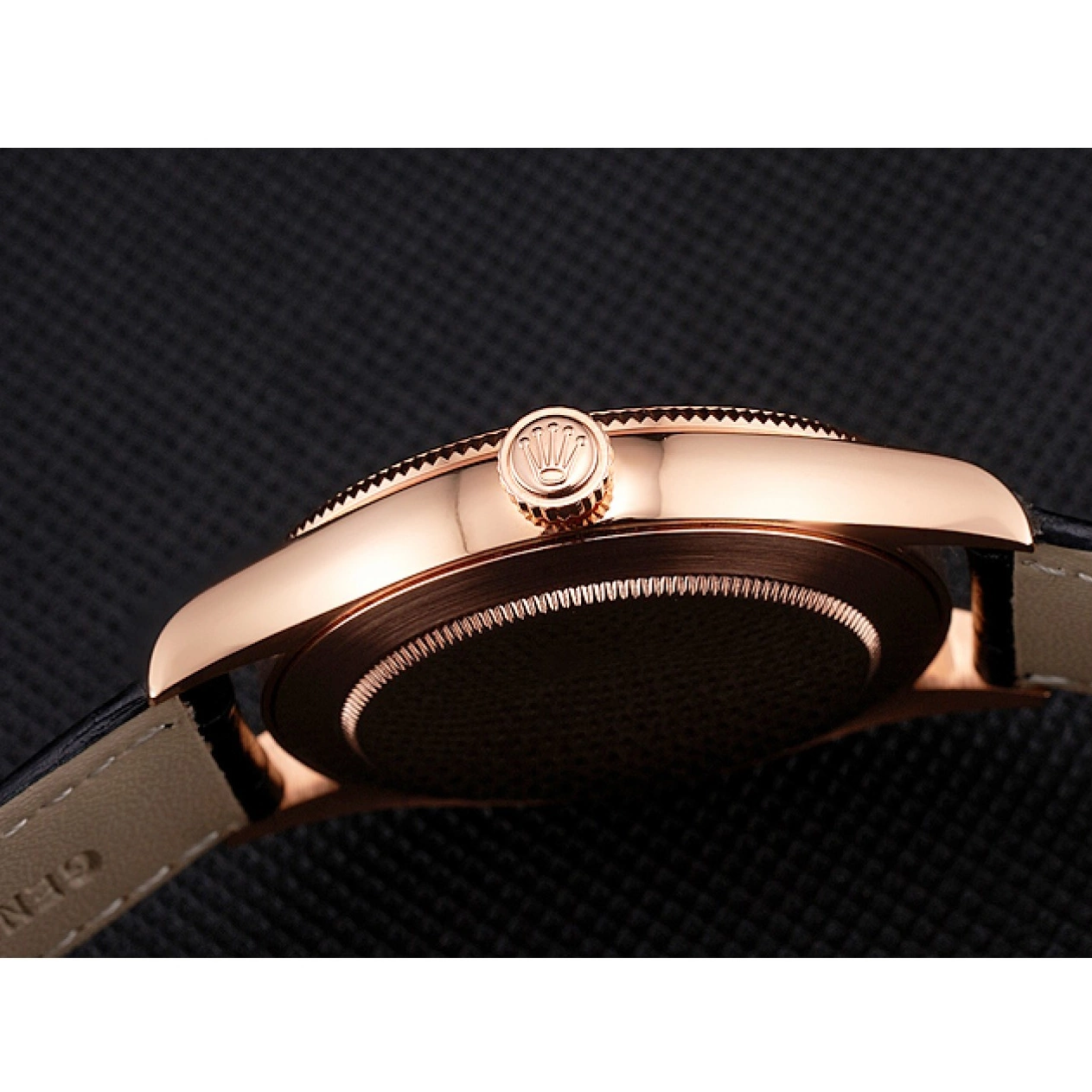 AAA replica watch Black Datejust Case Rose Black Swiss Leather Rolex Gold Dial Strap 0603